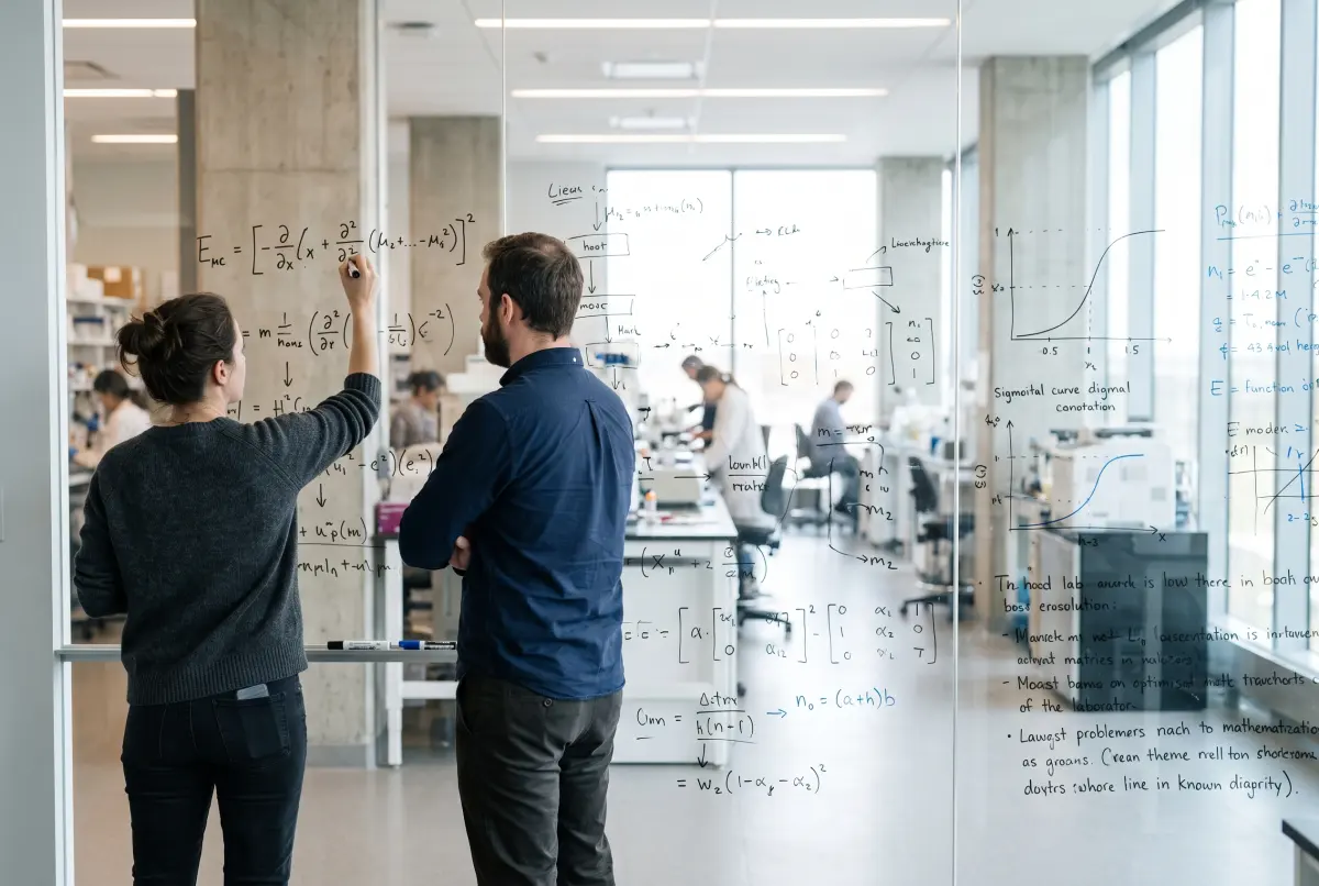 Dos personas del equipo resolviendo un problema en una pared de vidrio escrita