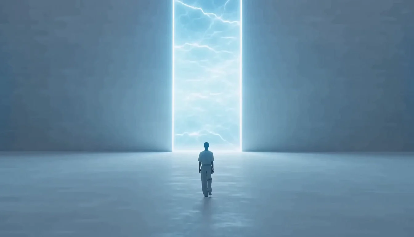 Una persona camina hacia un portal de luz inmenso, que pasa del azul al durazno.